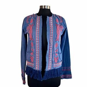 Johnny Was Yatzil Fringe Jacket Blue Red Embroidery Sz Small Boho Western Hippie